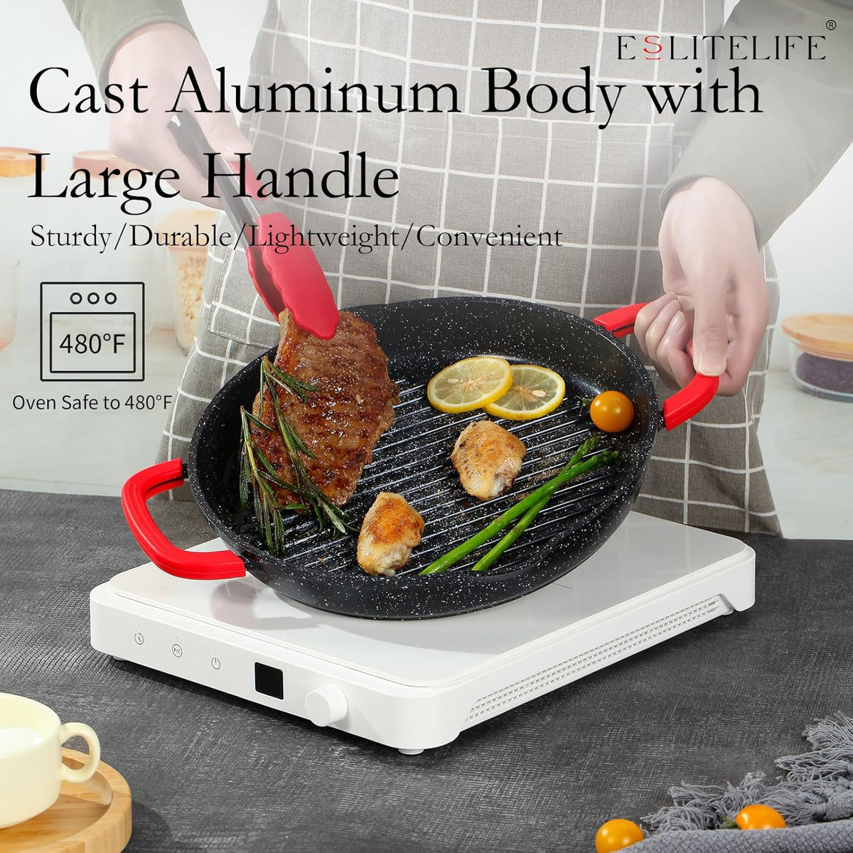 ESLITE LIFE Nonstick Grill Pan for Indoor Cooking, Versatile Induction Square Large Grilling Skillet Steak Pan for Stove Tops, PTFE & PFOA Free (Black, 11" w/Round & Lid & Tongs)