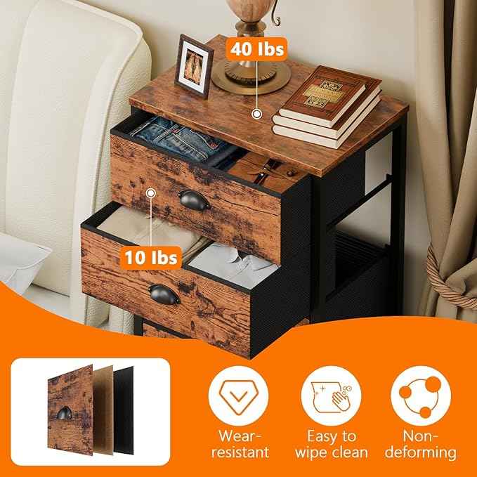 Furnulem Bedroom Dresser with 7 Drawers,Tall Industrial Fabric Chest of Drawers, Vertical Storage Tower Bedside Furniture in Living Room,Closet,Entryway-Sturdy Steel Frame(Rustic Brown)
