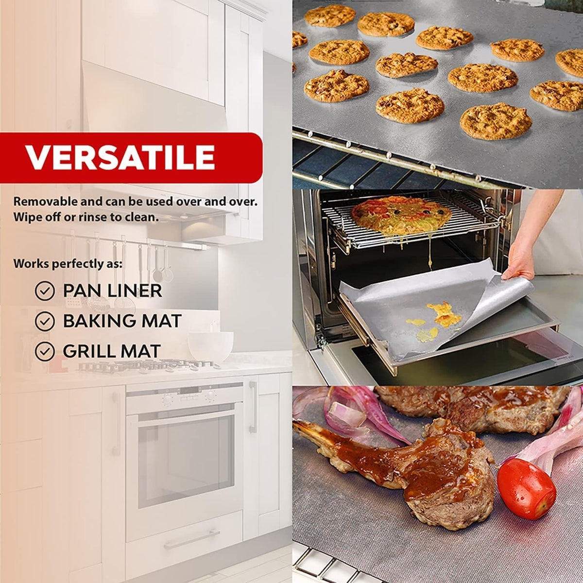 Oven Liners for Bottom of Oven Silver (2-pack) Bundled with Rack Shields (2-pack) - Large Mat for Bottom of Stove (17"x 25") and 14" Silicone Rack Protectors - Reusable & Heat Resistant