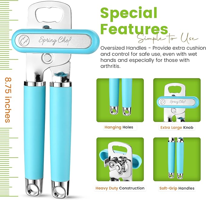 Spring Chef Stainless Steel Can Opener - Manual with Soft Grip Handles, Easy Turn, Heavy Duty Hand Can Openers for Seniors with Smooth Edge - Magnetic Lid Remover - Aqua Sky
