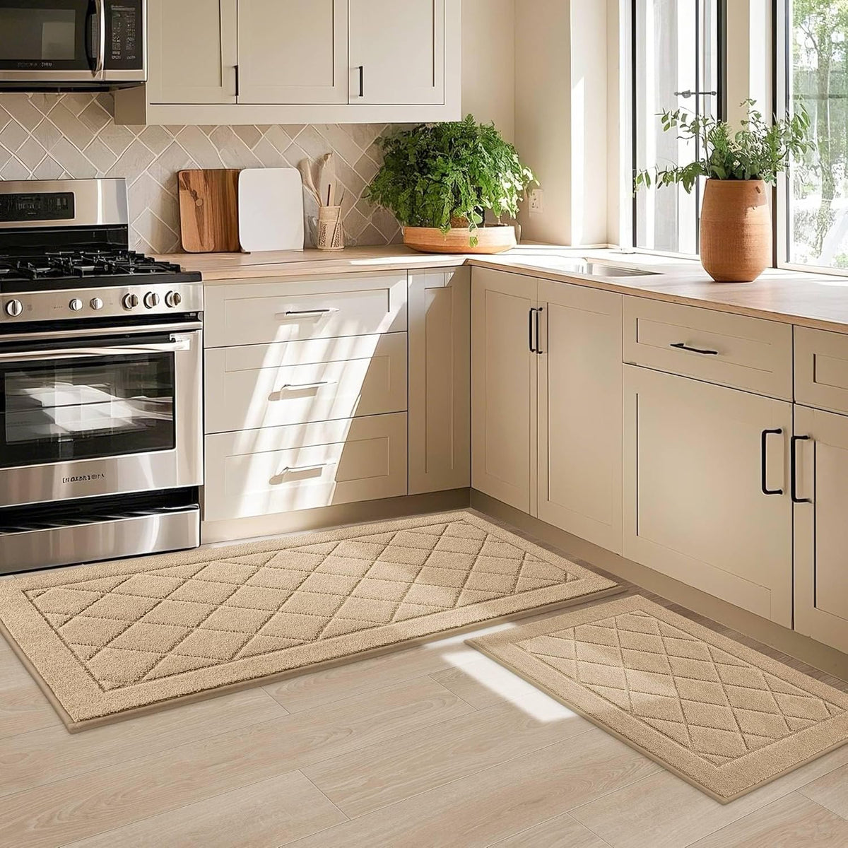 JSEI Non-Slip Kitchen Rugs, Self Adhesive No Sliding Kitchen Mats Set of 2, Soft Washable Absorbent Floor Mat for Kitchen, Bathroom, Laundry Room, Bedroom, 20”x32”+20”x48”, Beige, Diamond Pattern