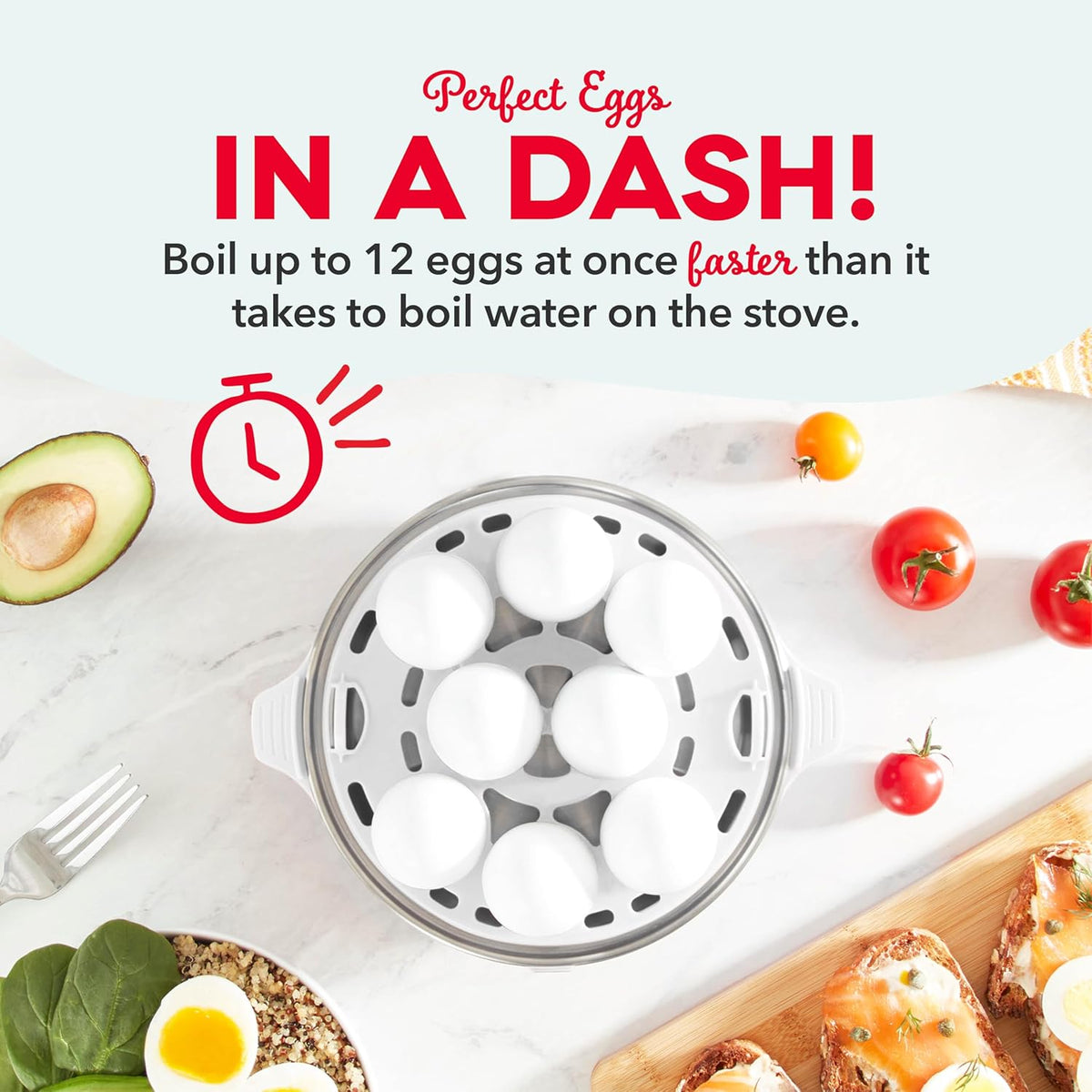 DASH Deluxe Rapid Egg Cooker for Hard Boiled, Poached, Scrambled Eggs, Omelets, Steamed Vegetables, Dumplings & More, 12 capacity, with Auto Shut Off Feature - White