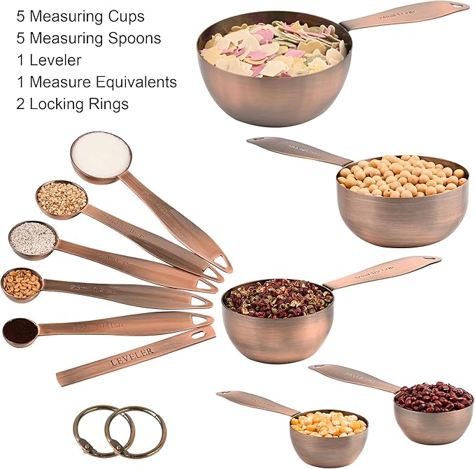 Smithcraft Measuring Cups and Spoons Set, 12 Pieces Stainless Steel Measuring Cup Set, Metal Copper Measuring Cups Spoons, Dry & Liquid Kitchen Measure Cup Spoon & Leveler & Measure Equivalents