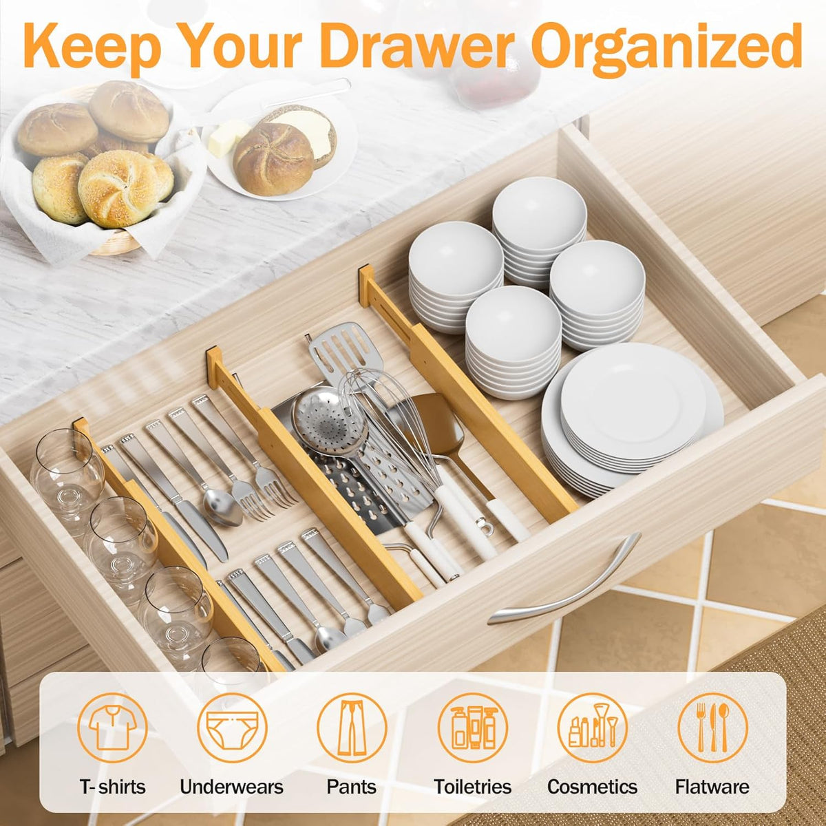 BAMBUROBA Bamboo Drawer Dividers, Adjustable Organizer for Kitchen & Bedroom, Expandable 17-22" Drawer Separators, 4-Pack
