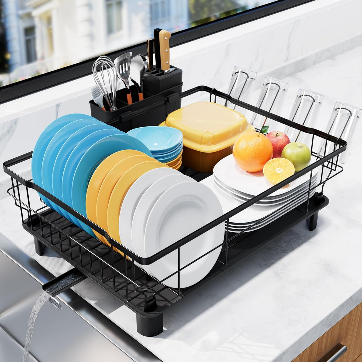 Homaxy Dish Drying Rack for Kitchen Counter (16.93''L x 12.99''W), Space-Saving Dish Drainer Rack Set with Drainboard, Large Dish Rack with Utensil Holder, Cup Rack and Knife Slots, Black