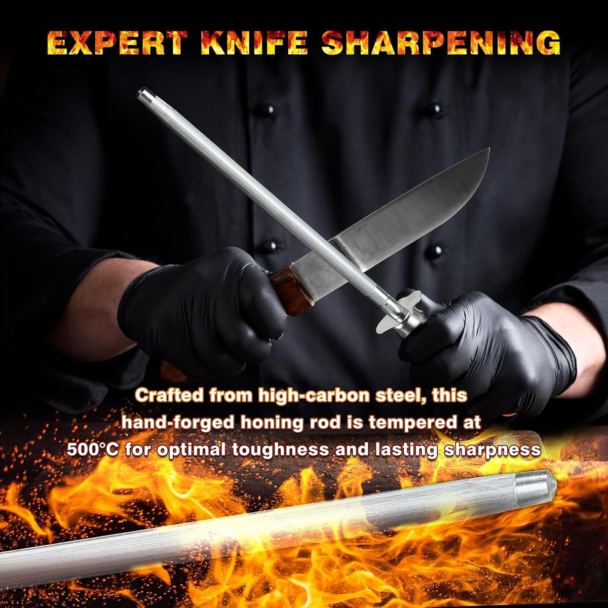 Knife Sharpener Rod, Kitchen Knives Sharpener Carbon Steel Professional Knife Sharpening Steel, Honing Rod with Hanging Holes (13 inches), O