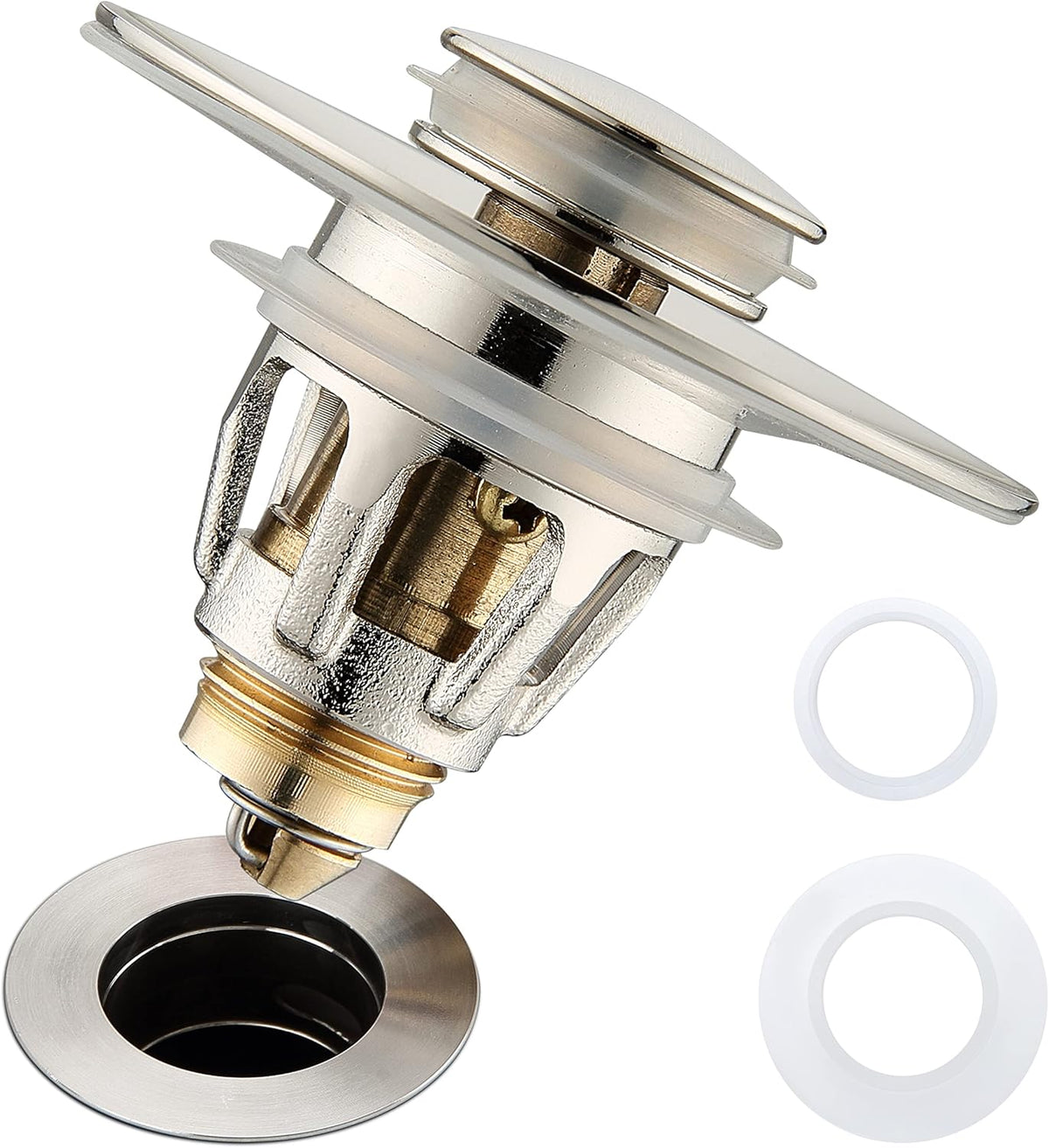 Bathroom Sink Drain Stopper for 1.1 to 1.5 inch Standard Drain Holes, Pop-up Sink Stoppers, Bullet Core Push Type Basin Drain Filter, Anti Clogging Stainless Steel Sink Strainer With Basket, Brushed