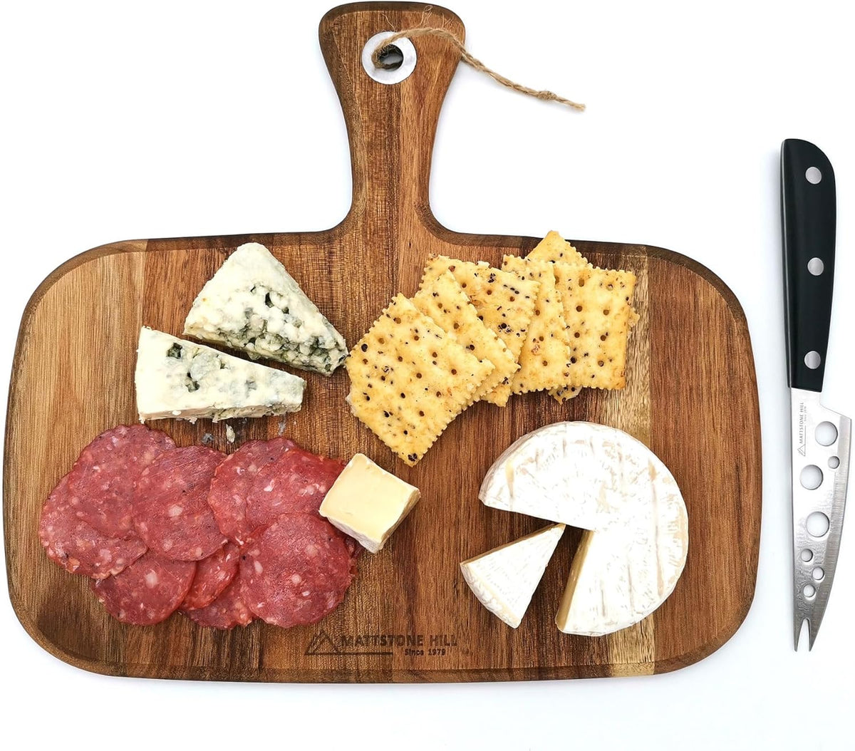 MATTSTONE HILL Acacia Cheese Knife & Board Set - Soft & Semi Hard Cheese Knife, Charcuterie Board, Wood Serving Platter