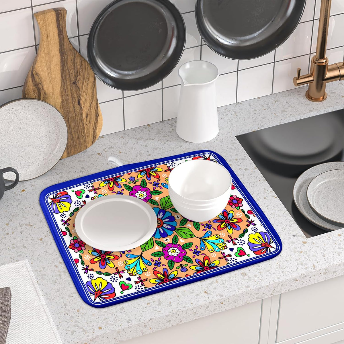 Mexican Talavera Dish Drying Mat Navy Blue Microfiber Dish Drain Pad for Kitchen Decor
