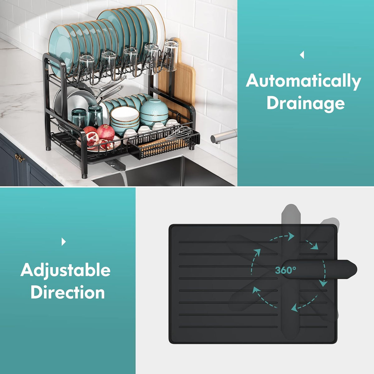 BOOSINY Dish Drying Rack and Drainboard Set for Kitchen Counter, 2 Tier Large Stainless Steel Sink Organizer Dish Racks with Cups Holder, Utensil Holder, Black Dish Strainer Shelf