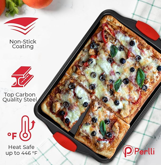 PERLLI Non-Stick 3-Piece Baking Pan Set, BPA-Free Carbon Steel Bakeware Set with Silicone Handles, Stackable Kitchen Oven Set, Cookie Sheet, Baking Tray, Baking Sheet Set, Oven Safe (446°F)