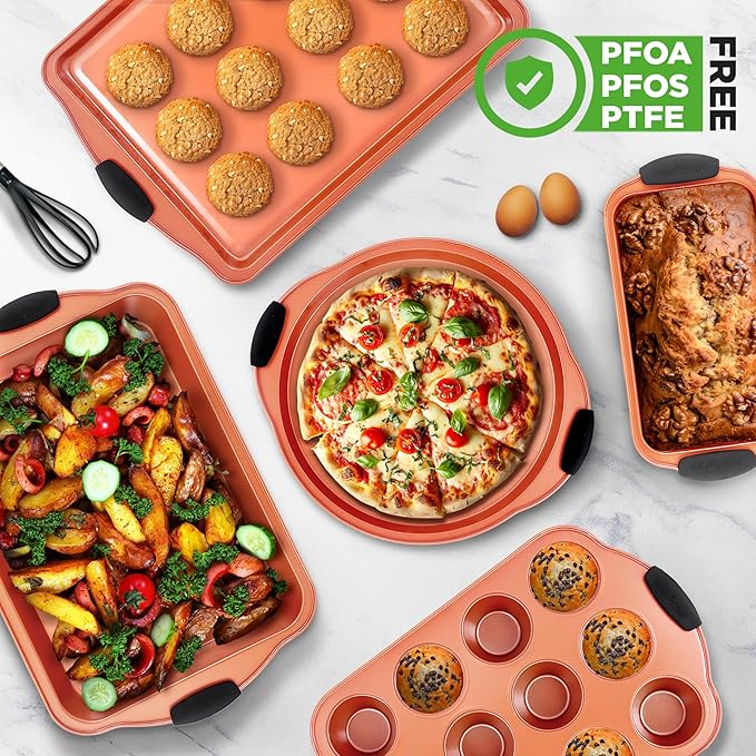 NutriChef 8-Piece Baking Pans Set - Nonstick Bakeware Set w/Silicone Handles, Includes 12 Cup Muffin, Round Cake, Pizza, Loaf & Square Pan, & Cookie Sheet - Dishwasher Safe & Easy Cleanup - Copper