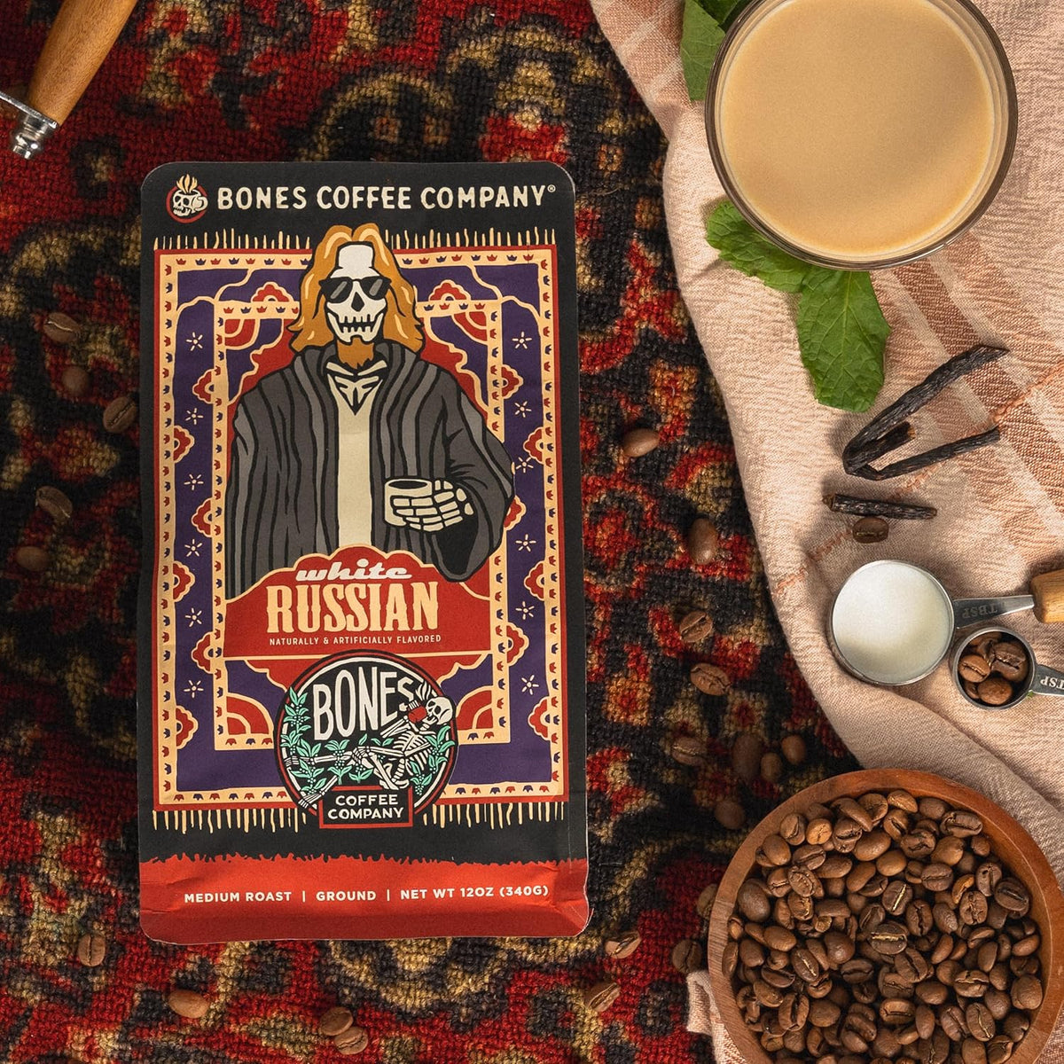 Bones Coffee Company White Russian, Cream and Cocktail Flavored Coffee, Medium Roast Low Acid Arabica Beans Compatible with Auto drip and French Press Coffee Maker, 12 Oz Ground