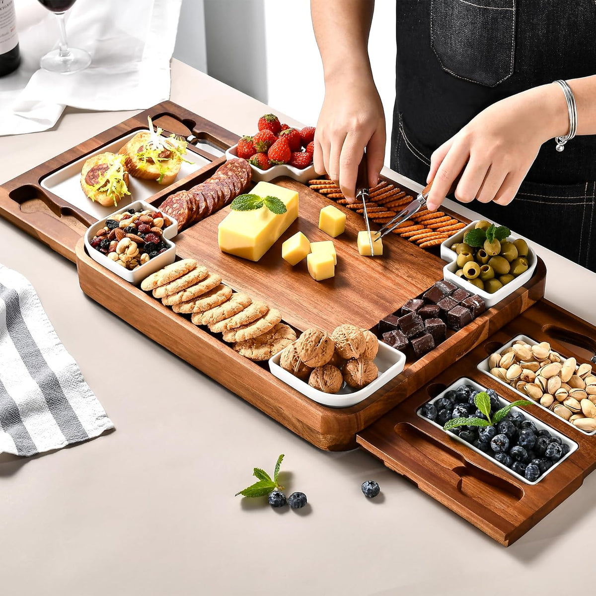 Shanik Upgraded Acacia Cheese Board Set, Square Shaped Charcuterie Set, Cheese Platter, Handcrafted Design and Stainless Steel Cutlery Set - Gift for Any Occasion with Engraving
