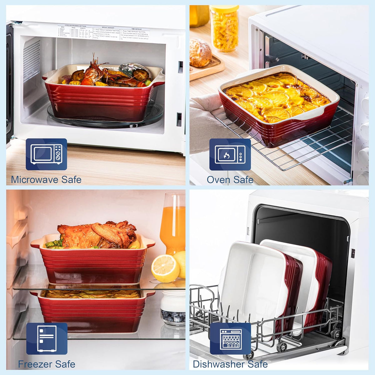 LOVECASA 8x8 inch Baking Pan, 2 Quart Square Cake Pan Baking Dish for Oven, Stoneware Brownie Pan Non-Stick, Casserole Baking Pan with Handle,Ceramic Bread Pans for Baking, Red