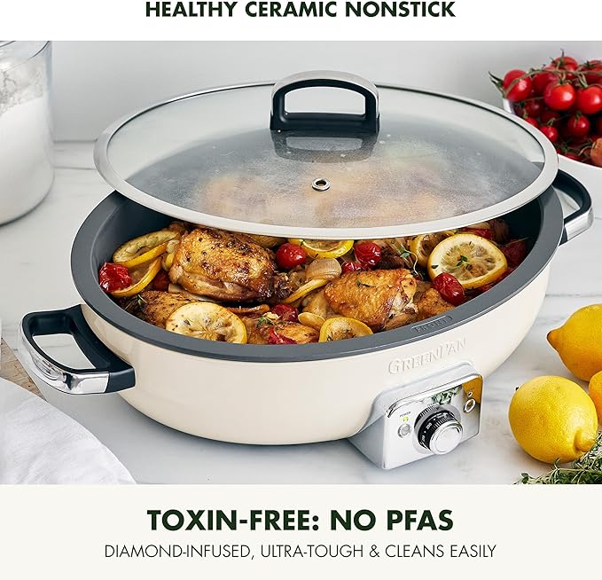 GreenPan Elite 5.5QT Electric Oval Skillet, PFAS-Free Ceramic Nonstick, 1800 Watt, Dishwasher Safe Lid & Removable Crock, Adjustable Temp Control Multi-Cooker, Sear, Sauté, Rice, Stir-Fry, Cream White