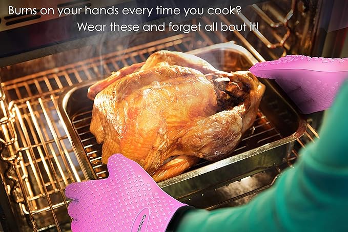 KITCHEN PERFECTION Silicone Smoker Oven Gloves -Extreme Heat Resistant BBQ Gloves-Handle Hot Food Right on Your Grill Fryer & Pit|Waterproof Grilling Cooking Baking Mitts|Superior Value Set+3 Bonuses