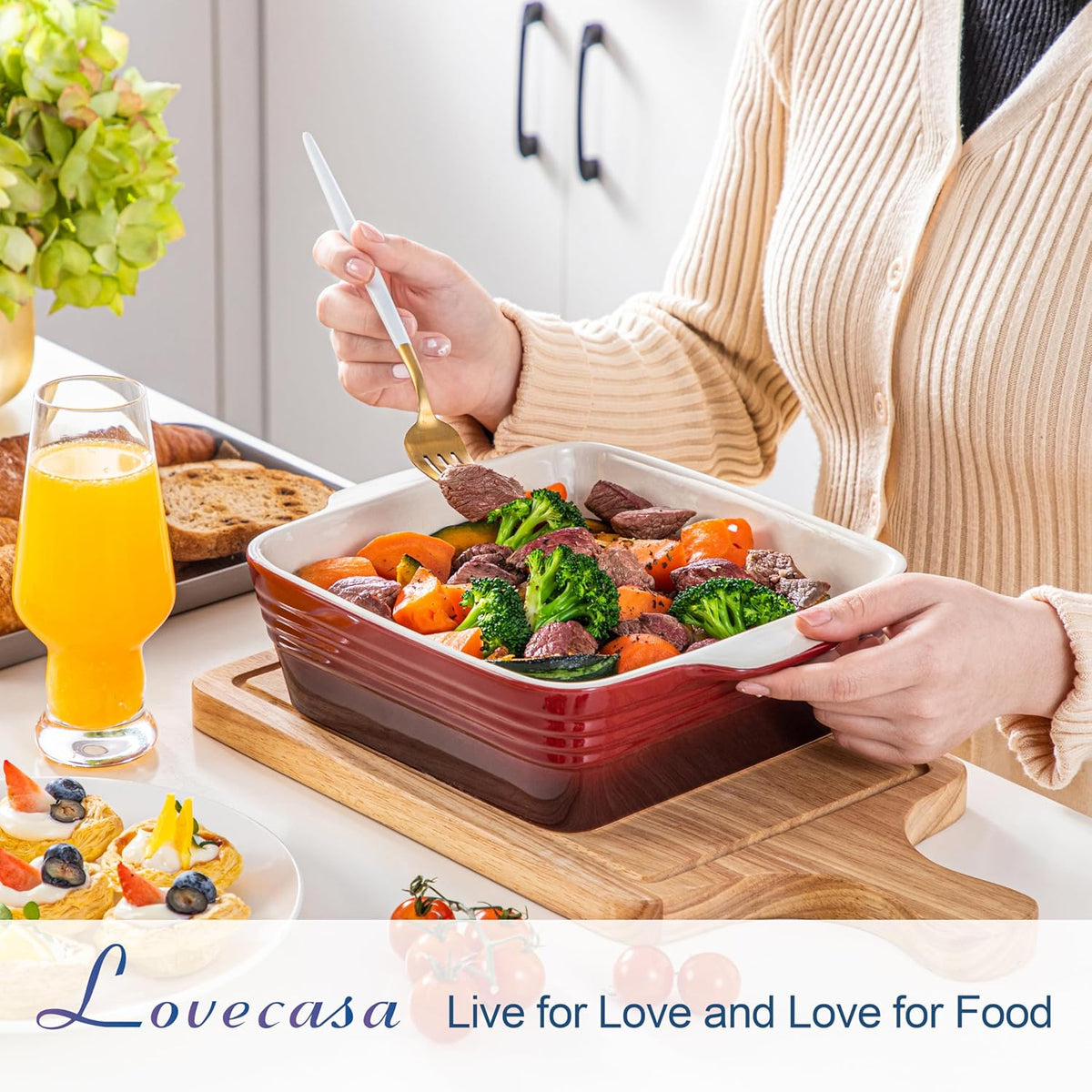 LOVECASA 8x8 inch Baking Pan, 2 Quart Square Cake Pan Baking Dish for Oven, Stoneware Brownie Pan Non-Stick, Casserole Baking Pan with Handle,Ceramic Bread Pans for Baking, Red
