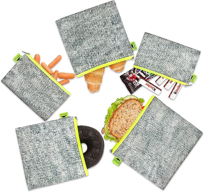 Nordic By Nature Reusable Sandwich Bag Snack Bags - Value Pack of 5 Dual Layer Lunch Baggies - Dishwasher Safe - Eco Friendly Cloth Wraps - Easy Open Zipper (Grey/Neon)