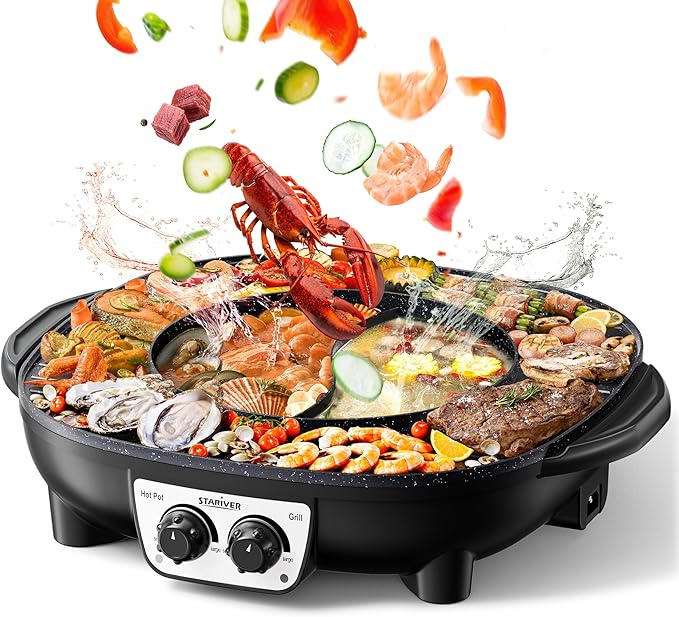 Stariver Hot Pot Electric with Grill 2 in 1, Indoor Korean BBQ & Shabu Shabu, Features Easy-clean Non-stick Coating, Dual Controls, 1800W Fast Heating, Perfect for Family Gatherings or Friends Parties