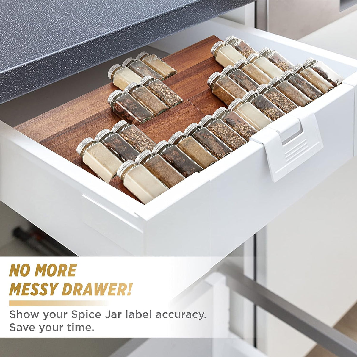 Tinamo Acacia Wooden Spice Rack Organizer for Cabinet - Spice Drawer Insert, Spice Organization for Cabinet, Seasoning Organizer, 4-Tier Spice Jar Rack for Drawer, Spice Holder Pack of 8 (64 Jars)