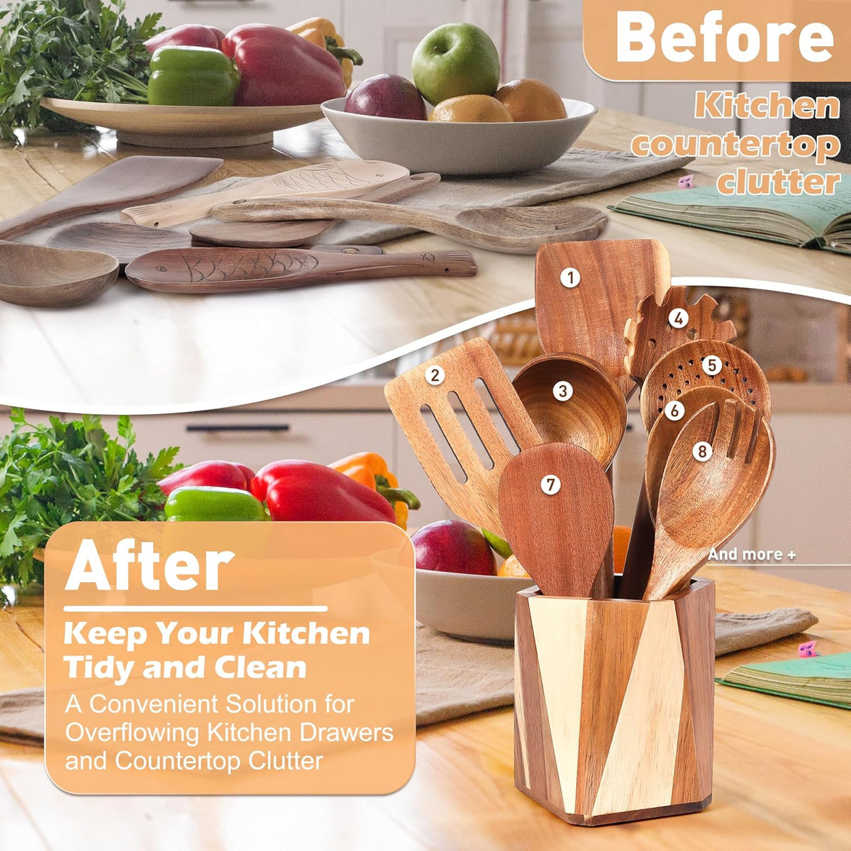 Wooden Utensil Holder for Kitchen: Wood Utensil Crocks for Farmhouse Decor - Kitchen Tool Storage for Countertop