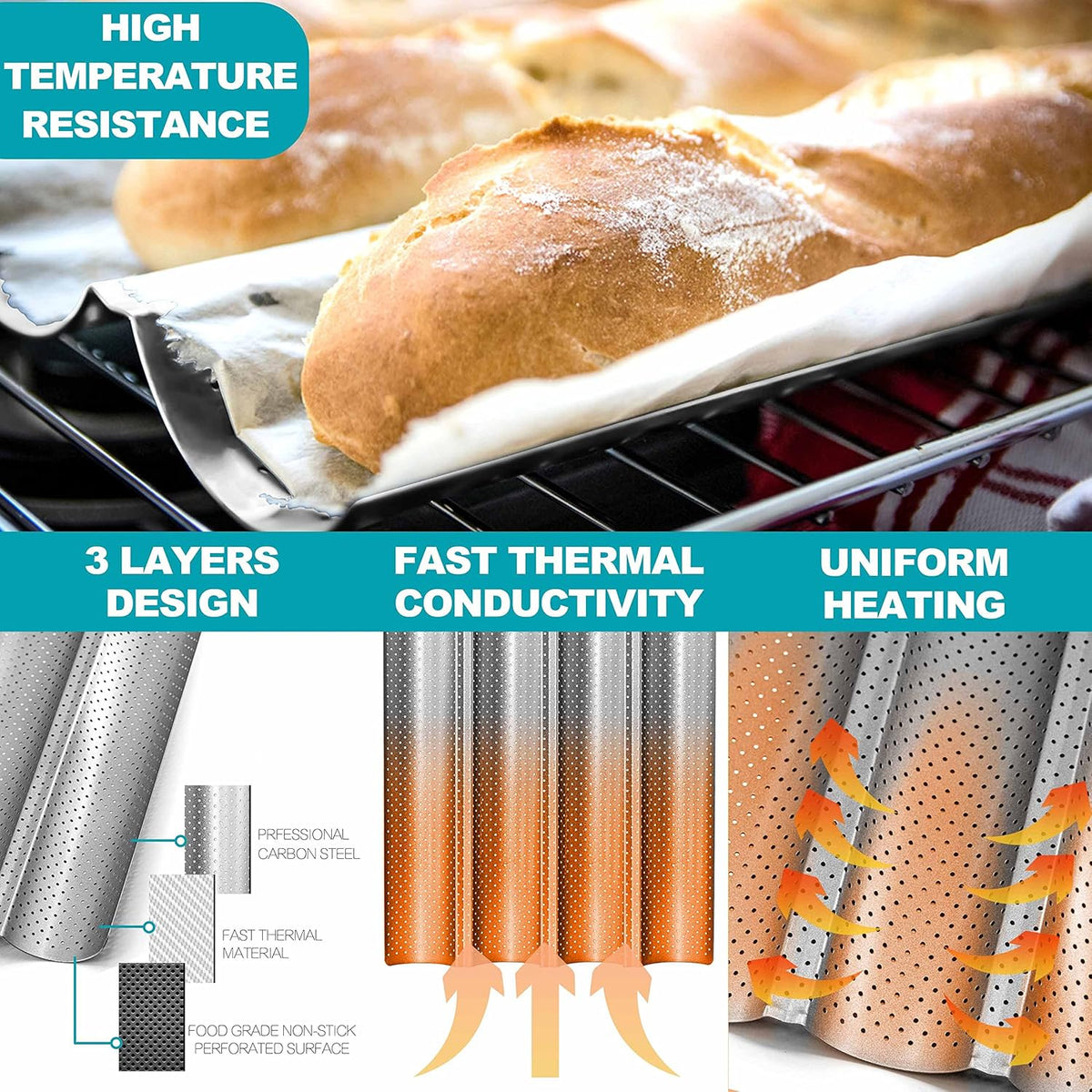 Anaeat Nonstick French Baguette Bread Pan with Thick Professional Proofing Cloth Dough Couche - Long Sourdough Bread Baking Pan Tray for Professional & Home Baker, Perforated Loaves Bake Mold Supplies