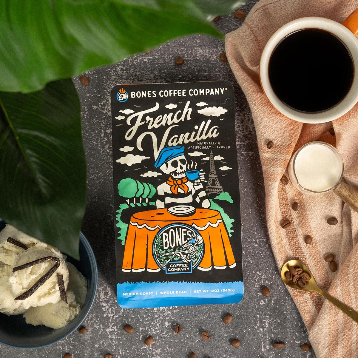 Bones Coffee Company French Vanilla, Creamy Vanilla Flavored Coffee, Medium Roast Low Acid Arabica Beans Compatible with Auto drip and French Press Coffee Maker, 12 Oz Ground