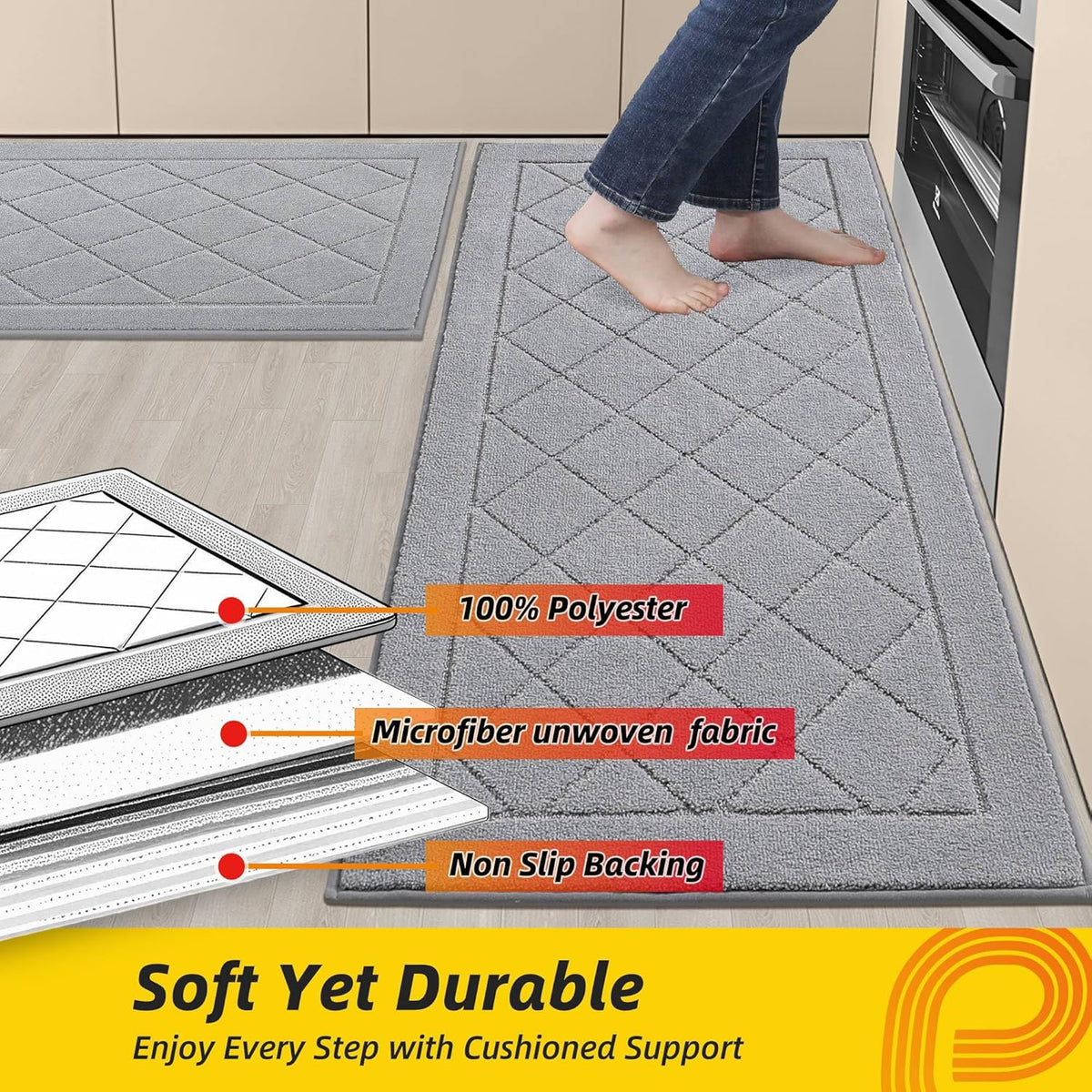 JSEI Non-Slip Kitchen Rugs, Self Adhesive No Sliding Kitchen Mats Set of 2, Soft Washable Absorbent Floor Mat for Kitchen, Bathroom, Laundry Room, Bedroom, 24”x36”+24”x60”, Light Grey, Diamond Pattern