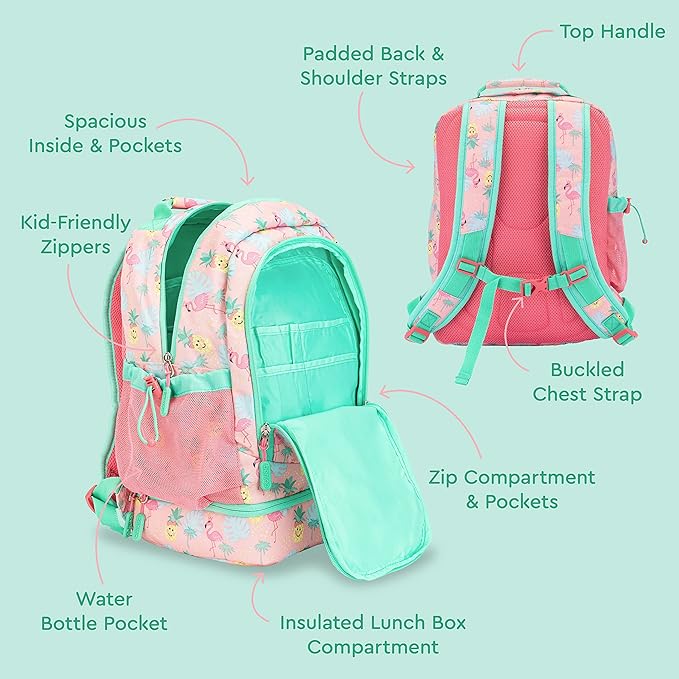 Bentgo Kids 2-in-1 Backpack & Insulated Lunch Bag - Durable 16” Backpack & Lunch Container in Unique Prints for School & Travel - Water Resistant, Padded & Large Compartments (Tropical)