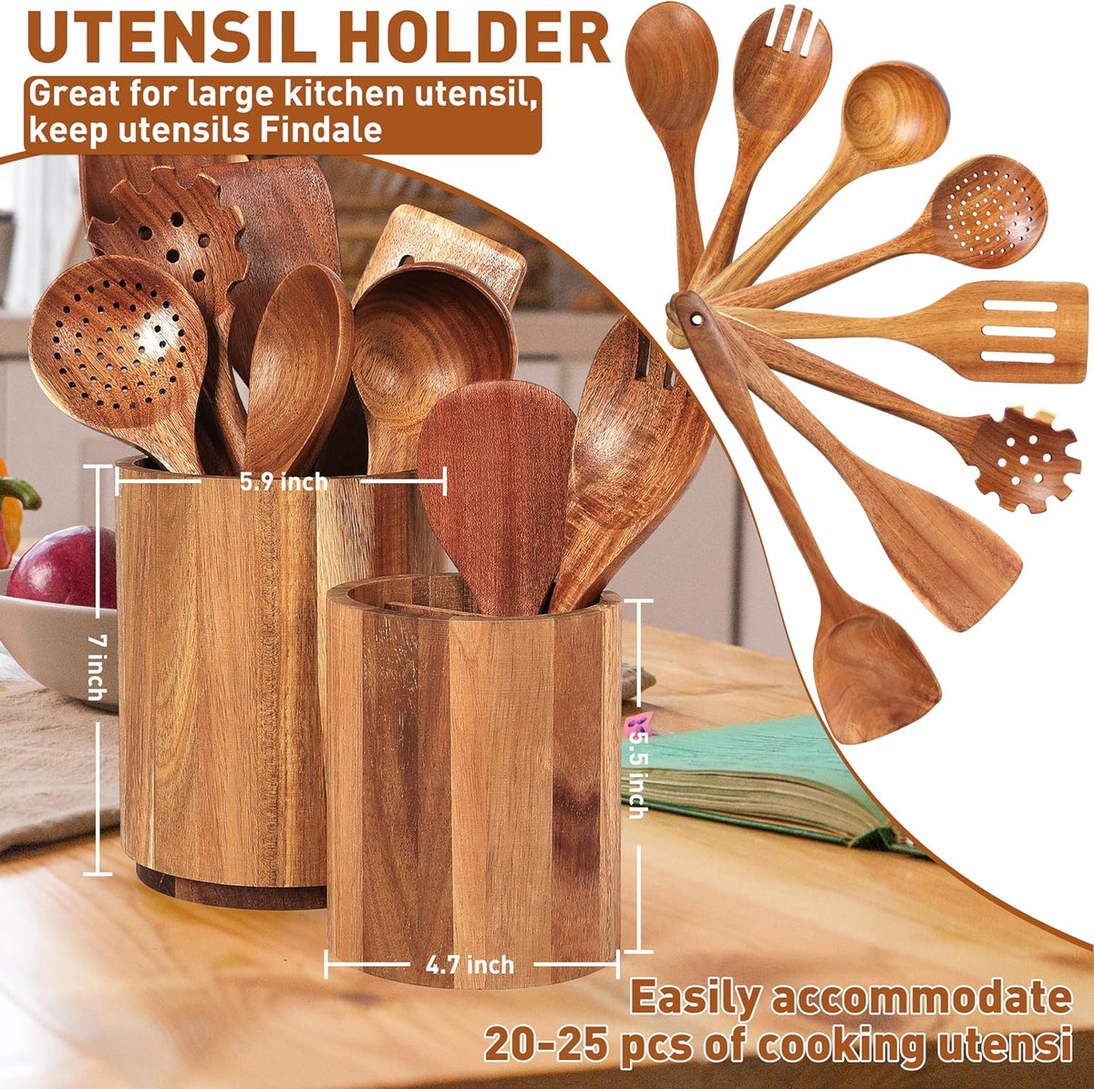 Utensil Holder for Kitchen Countertop: 360° Rotating Wooden Utensil Crocks - Farmhouse Cooking Spoons Organizer