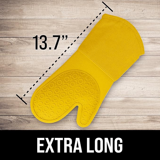 BPA-Free Soft Silicone Oven Mitts - Ultra Heat Resistant Oven Mitts with Thick Cotton Liner - Long Slip Resistant Pot Holders, Flexible Oven Gloves - Yellow 13.7"