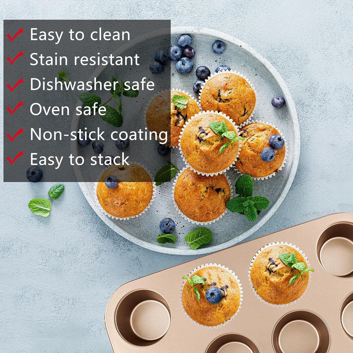 Nonstick Baking Pans Set, 5-Piece Kitchen Baking Sheets for Oven, Bakeware Sets with Round/Square Cake Pan, Muffin Pan, Loaf Pan, Roast Pan, mobzio Cookie Sheet Set Baking Supplies (Champagne Gold)