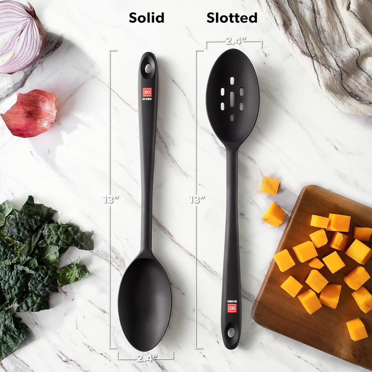 DI ORO Silicone Spoons for Cooking - Large Kitchen Spoons for Mixing, Serving, & Stirring - 600°F Heat-Resistant Non Stick Utensils – Big Solid & Slotted - Dishwasher Safe (2pc, Black)