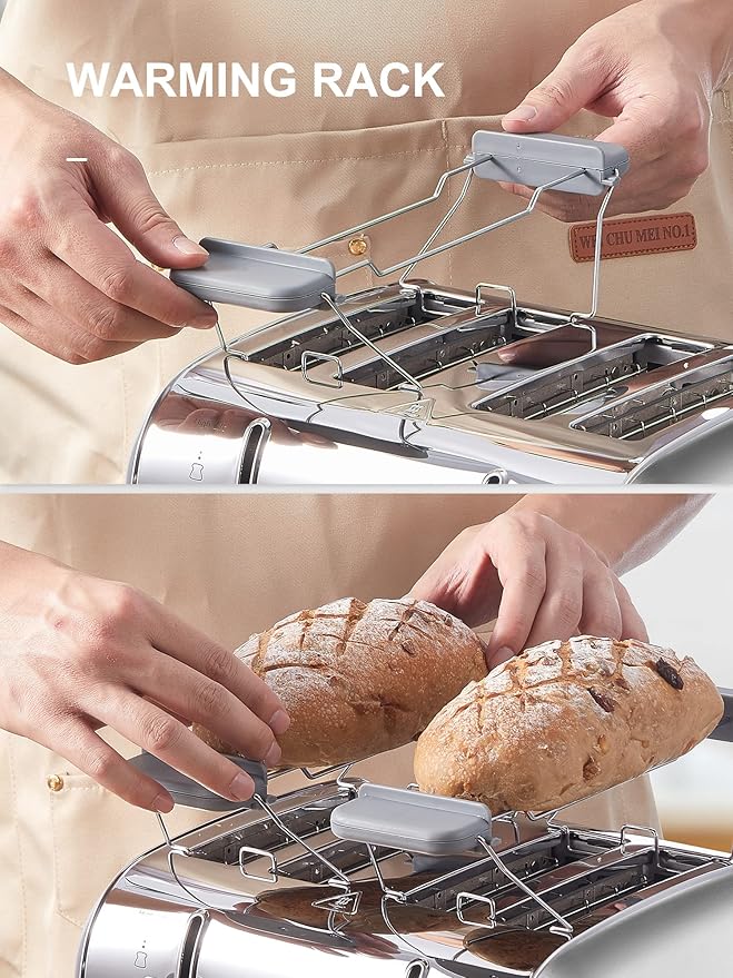Toaster 4 Slice, Extra Wide Slots, Stainless Steel with High Lift Lever, Bagel and Muffin Function, Removal Crumb Tray, 7-Shade Settings with Warming Rack, Silver, Yabano