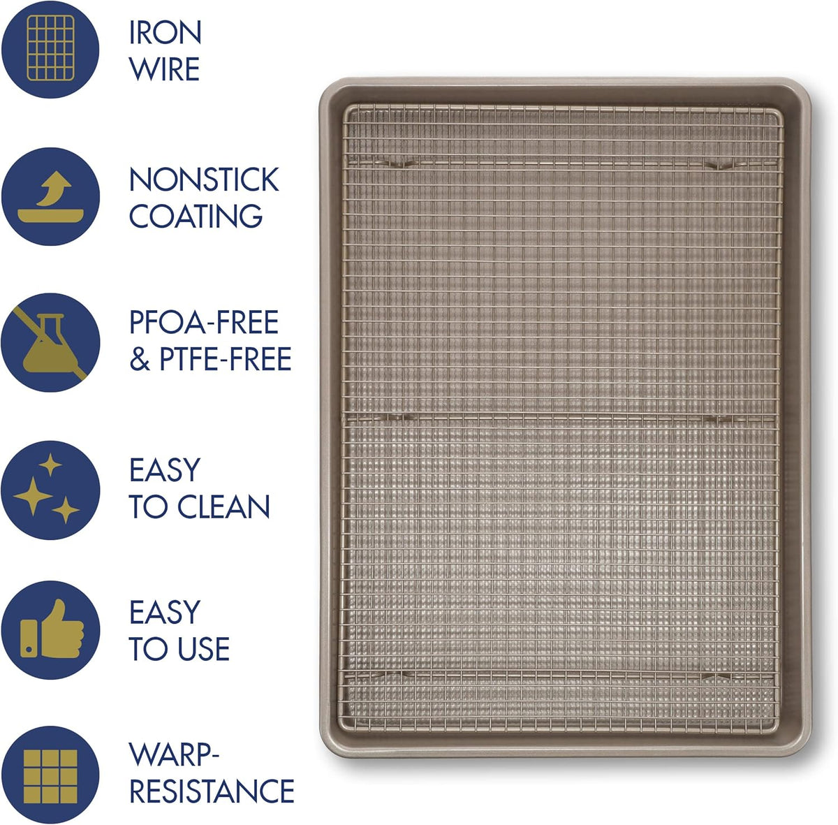 Ultra Cuisine Wire Rack Baking Sheet Pan Set - Half Sheet Pan Set with 100% Stainless Wire Rack - Dishwasher Safe - Steel Reinforced Rim - Aluminum Cooling racks for Cooking and Baking - Champagne