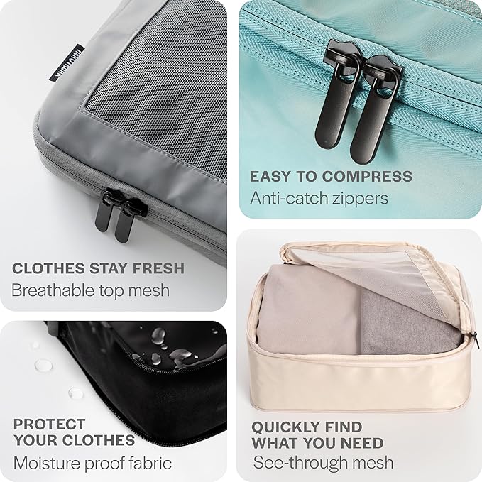 Aerotrunk Compression Packing Cubes for Travel - Luggage Organizer Bags - Double Zipper Packing Cubes for Suitcases (6-Pack, Mocha)