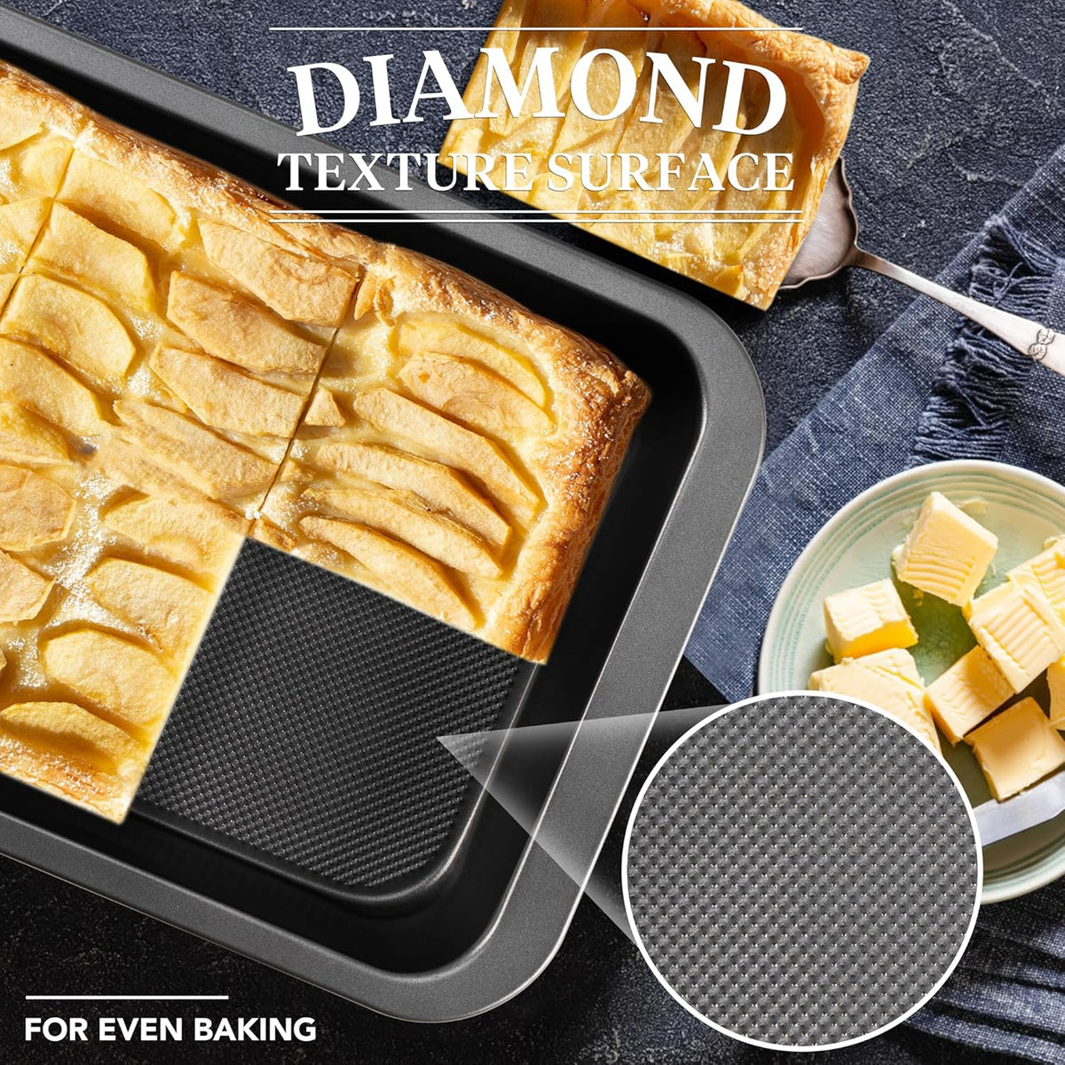 Cake Pan, Nonstick Baking Pan for Cake, Bread, Brownie or Lasagna, Heavy Duty Baking Dish with Diamond Texture Pattern and Wide Grips, Set of 2