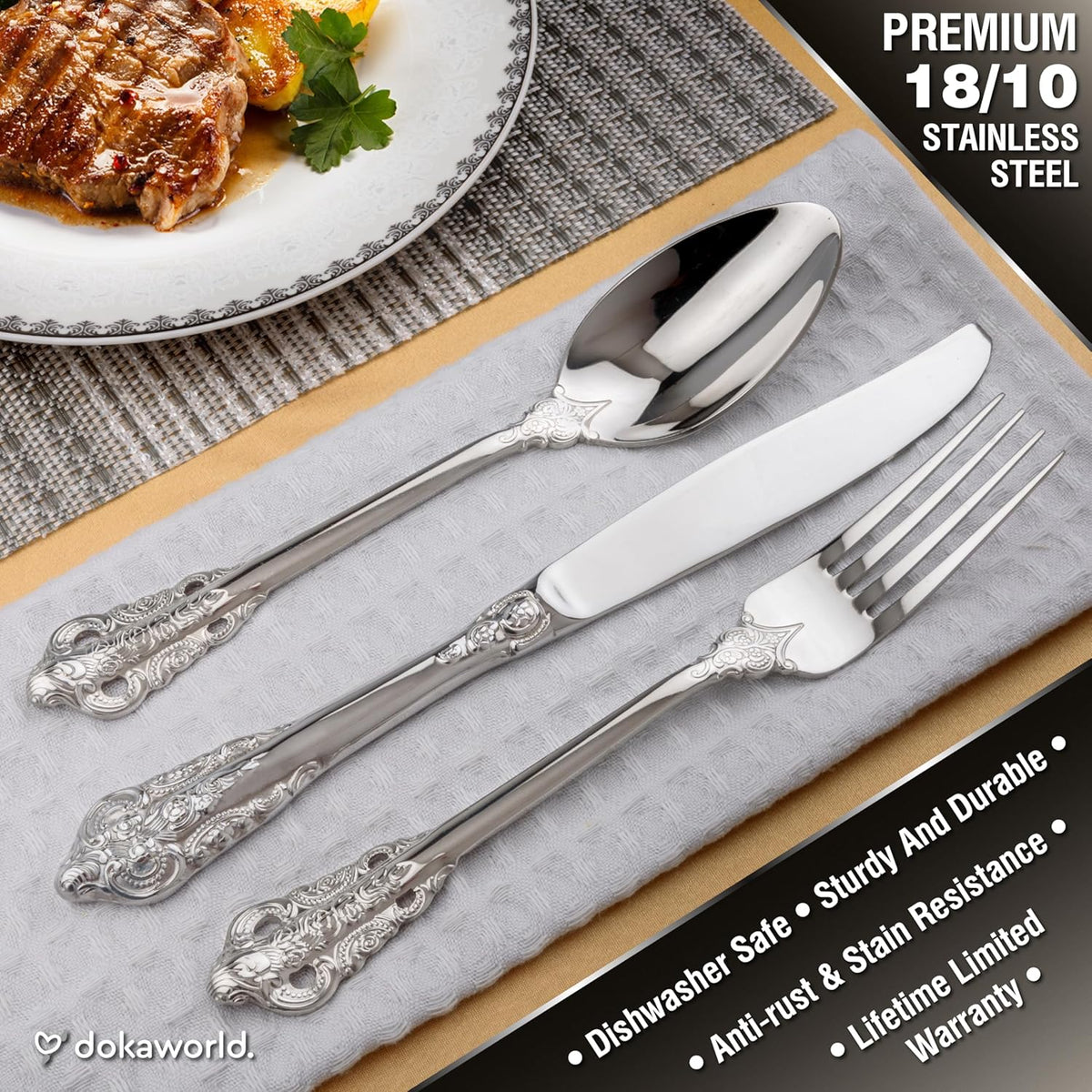 Royal Design Flatware, Silverware Set for 8 persons, 40 Piece - Spoons, Forks, and Knives 18/10 Stainless Steel, Dishwasher Safe