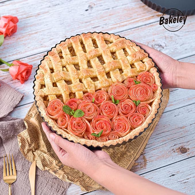 11-Inch Round Tart Pan with Loose Removable Bottom, Non-Stick Carbon Steel Quiche Pan for Oven Baking (Black)