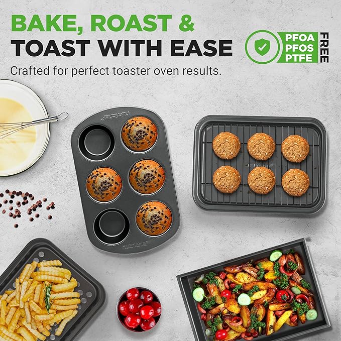 NutriChef 6-Piece Toaster Oven Bakeware Set, Compact Non-Stick Stackable Baking Pan Set with Muffin Pans, Roasting Tray & Baking Sheets, Durable Stain-Resistant Carbon Steel Design for Toaster Ovens
