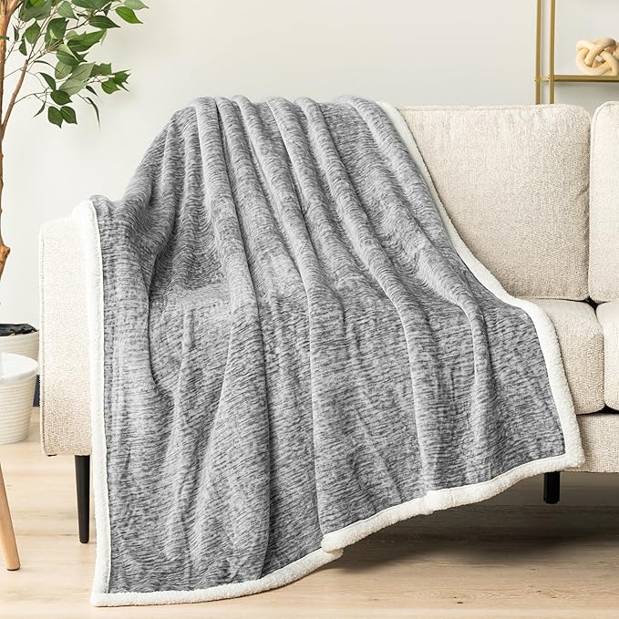 Premium Sherpa Melange Throw Blanket for Couch, Sofa by Pavilia | Soft, Fluffy, Plush, Warm, Cozy | Light Gray Fuzzy Lightweight Microfiber, Luxury Modern Reversible TV Blanket | 50 x 60 Inches