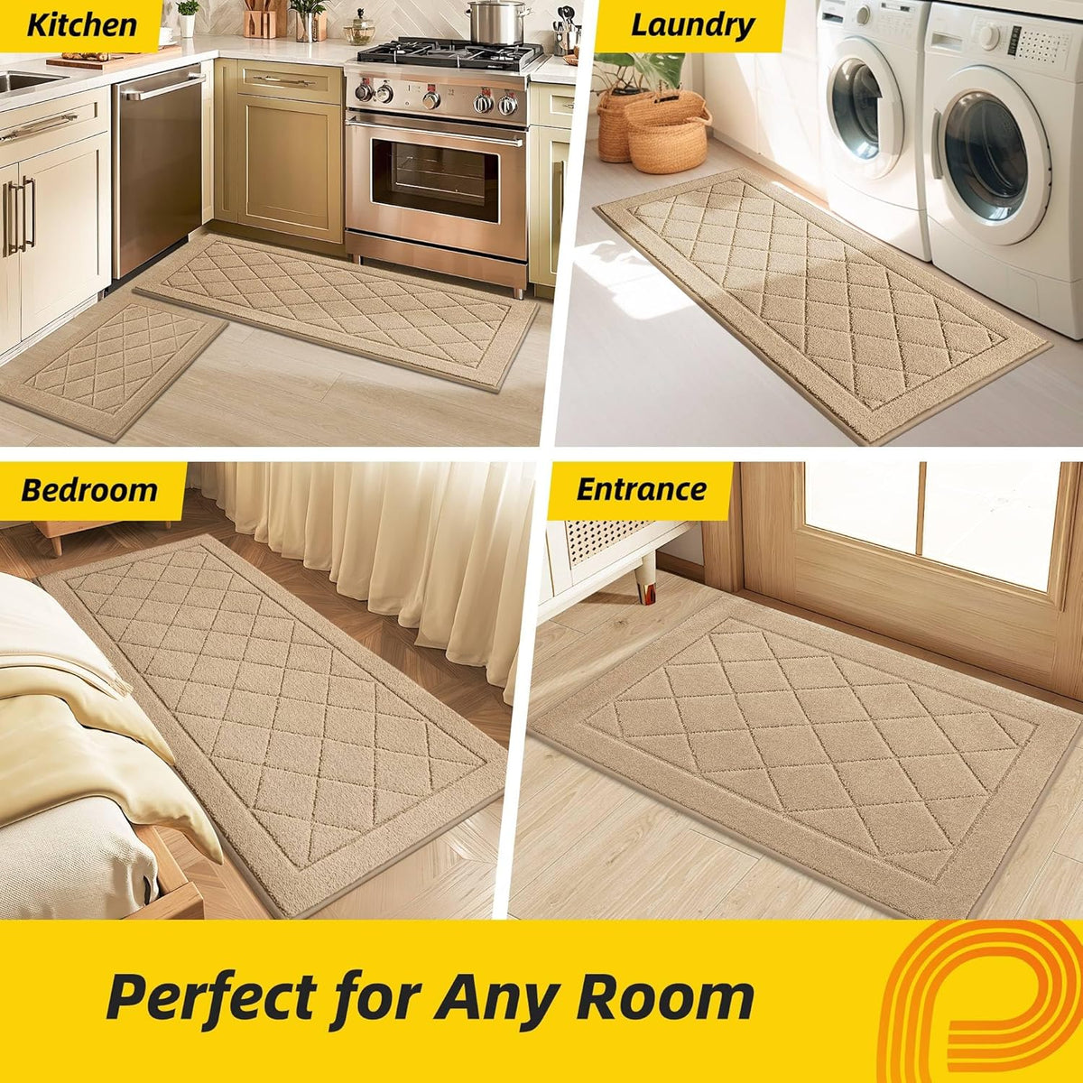 JSEI Non-Slip Kitchen Rugs, Self Adhesive No Sliding Kitchen Mats Set of 2, Soft Washable Absorbent Floor Mat for Kitchen, Bathroom, Laundry Room, Bedroom, 20”x32”+20”x48”, Beige, Diamond Pattern