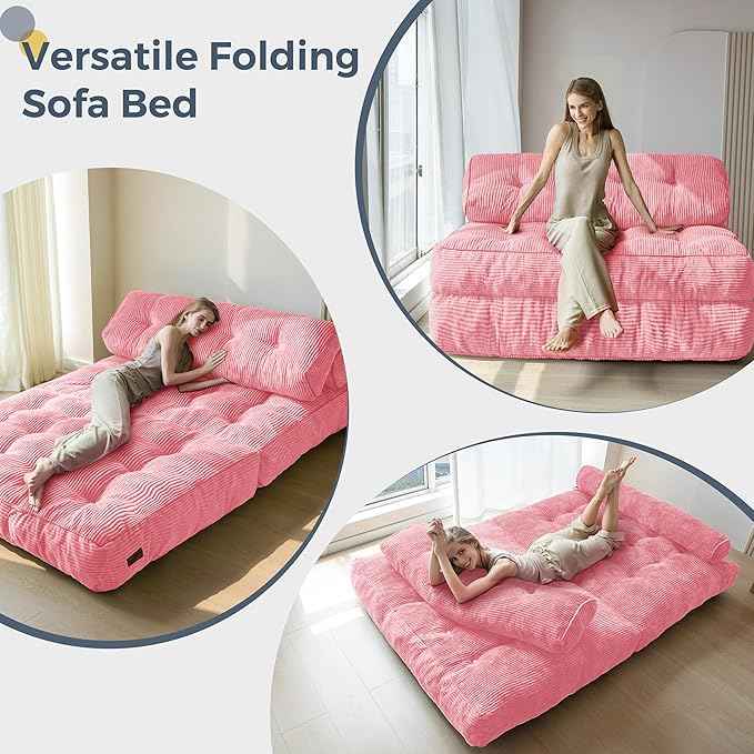 MAXYOYO Folding Sofa Bed, Convertible Sleeper Chair with Pillow Foldable Matress with Back Support, Portable Fold Out Chair Bed Comfy Floor Sofa Lounge for Living Room Bedroom, Pink Double