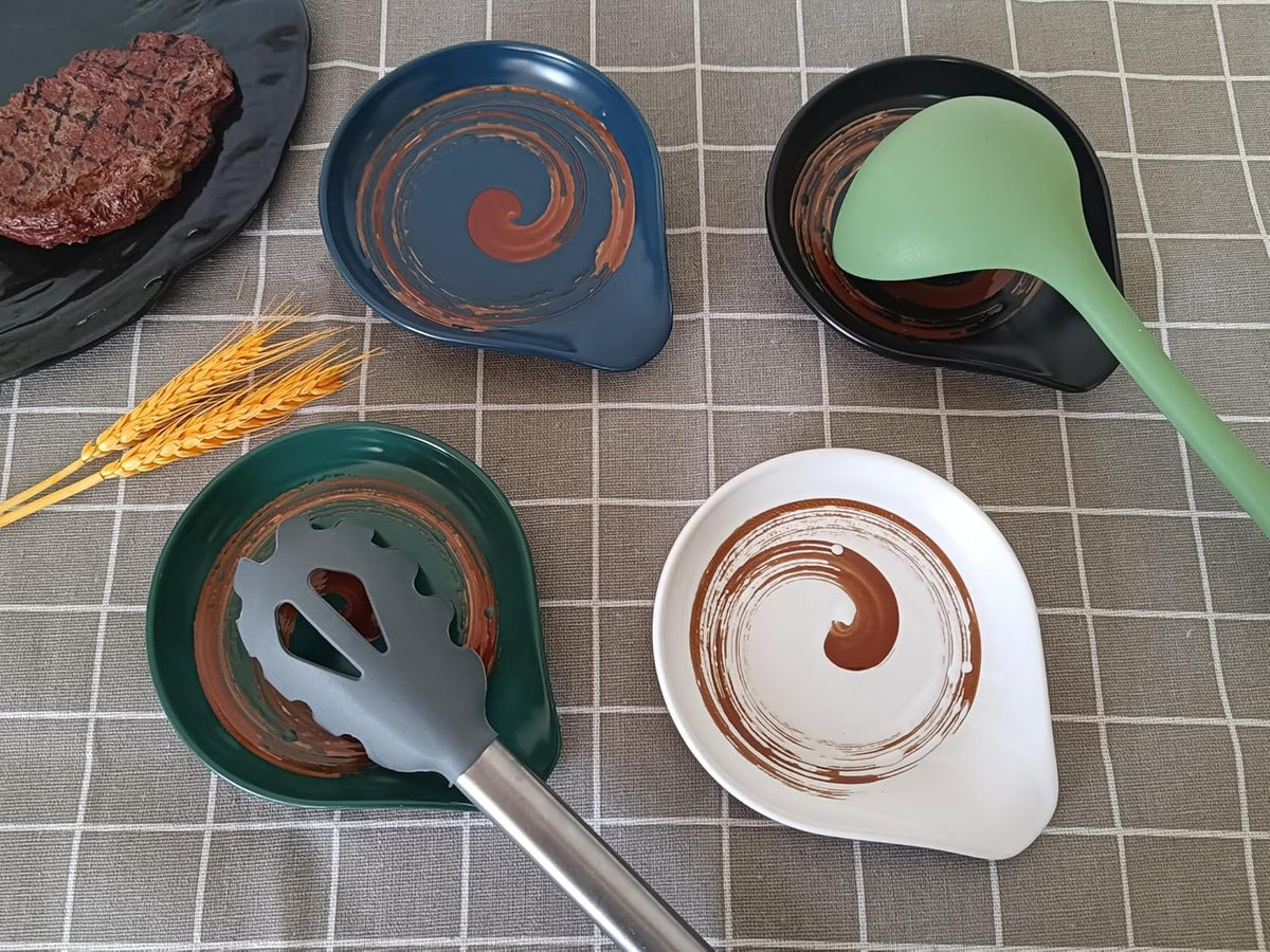Ceramic Spoon Rest for Stove Top, Hand Painted Brown Swirl Spoon Rest for Kitchen Counter, Retro Cooking Spoon Holder for Kitchen Counter, Utensil Rest for Spatula Ladle or Tong (Navy Blue)