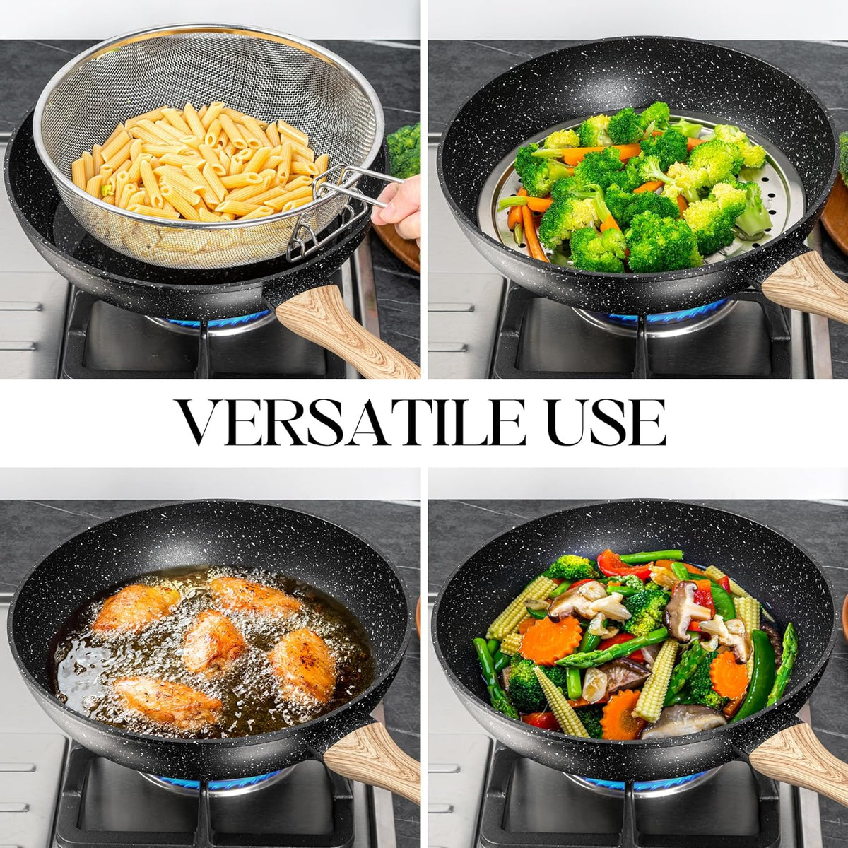 MICHELANGELO 12 Inch Wok Set - Woks & Stir-Fry Pans Nonstick Wok Pan with Lid, Induction Wok with Ergonomic Handle, Stainless Steel Steamer, Fryer Basket, Black