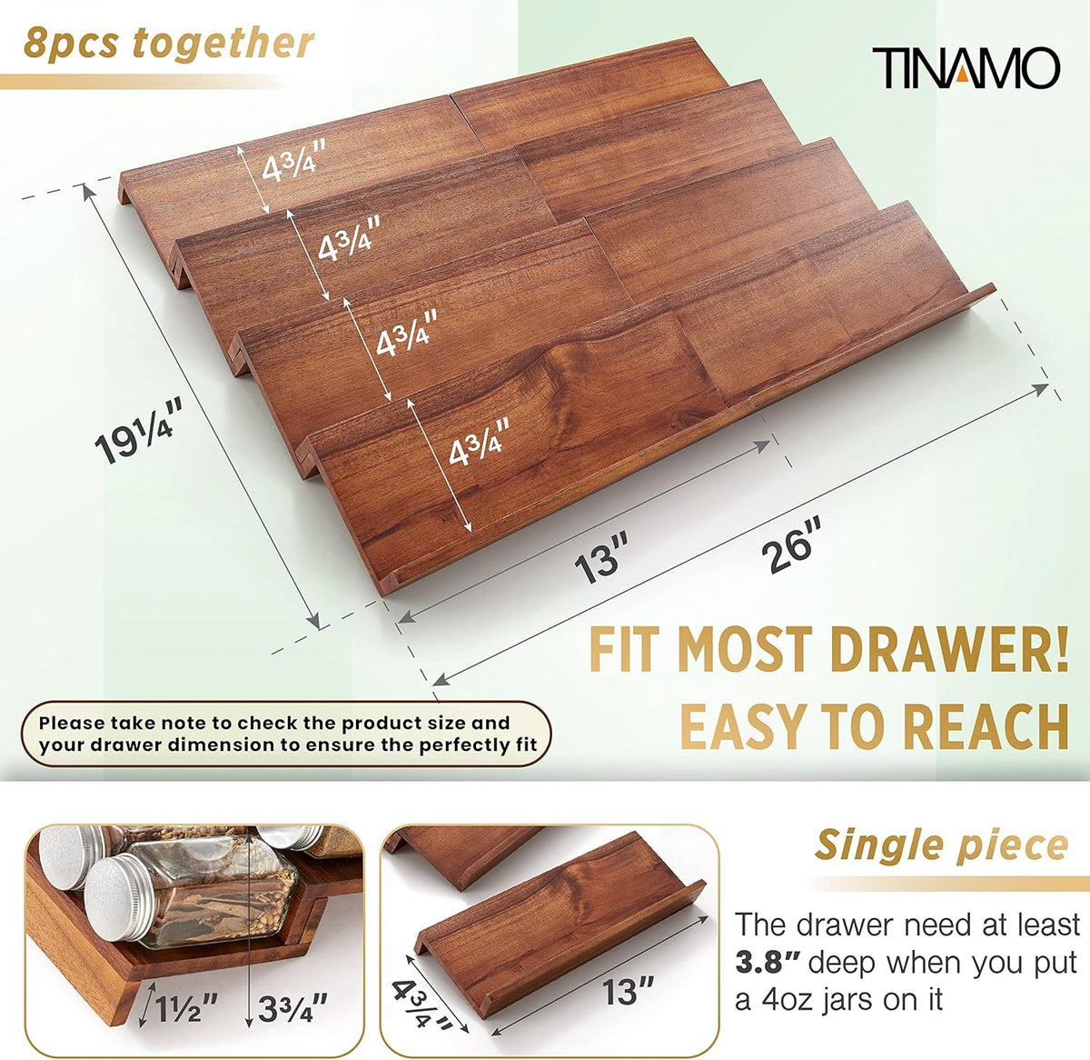 Tinamo Acacia Wooden Spice Rack Organizer for Cabinet - Spice Drawer Insert, Spice Organization for Cabinet, Seasoning Organizer, 4-Tier Spice Jar Rack for Drawer, Spice Holder Pack of 8 (64 Jars)