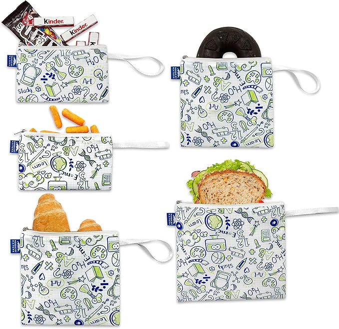 Nordic By Nature Reusable Sandwich Bag Snack Bags - Value Pack of 5 Dual Layer Lunch Baggies - Dishwasher Safe - Eco Friendly Cloth Wraps - Easy Open Zipper (Back to School)