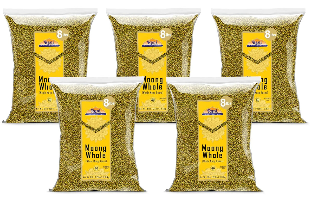 Rani Moong Whole (Ideal for Cooking & Sprouting, Whole Mung Beans w/Skin) Lentils Indian 128oz (8lbs) x Pack of 5 (Total 40lbs) Bulk ~ All Natural | Gluten Friendly | Non-GMO | Vegan | Indian Origin