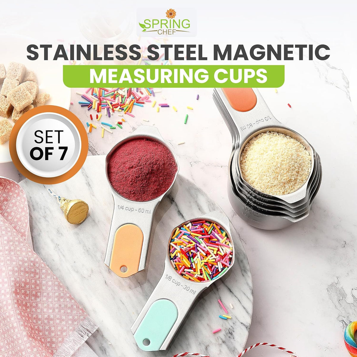Spring Chef Magnetic Stainless Steel Measuring Cups, Patented, Kitchen Tools with Easy to Read Markings for Measuring Dry or Liquid Ingredients, Set of 7, Desert Sunset